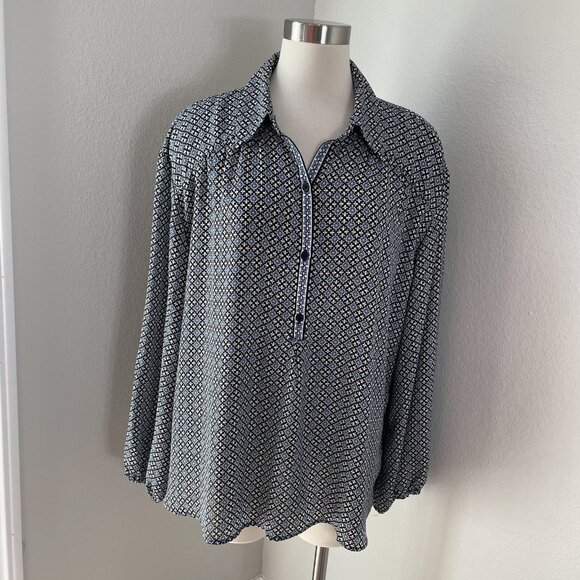 Max Studio Blouse Womens 2X Black White Blue Geometric Print Button Up Shirt - Picture 1 of 9